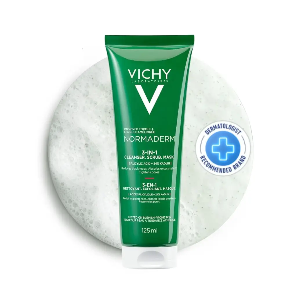 Vichy Normaderm 3 in 1 Cleanser, Scrub & Mask for Oily/Acne Skin with salicylic & glycolic acid - 125ml
